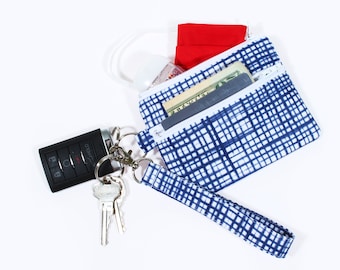 Estuche con cremallera doble de rejilla azul: llavero, billetera y porta identificación