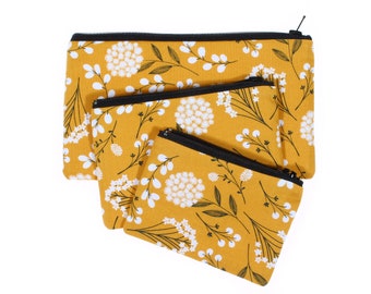Floral Zipper Pouch: Mustard Yellow Cosmetic Makeup Phone Bag
