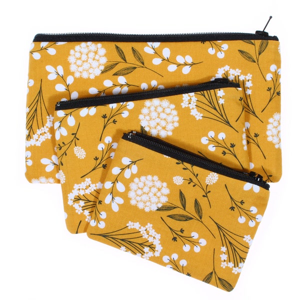 floral zipper makeup cosmetic pouch iPhone bag fabric coin purse gift card wallet gift for her mustard yellow