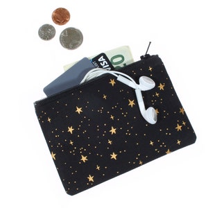 black gold stars zipper pouch iPhone makeup cosmetic bag fabric coin purse gift card rosary wallet hearing aid case gift for her Rifle