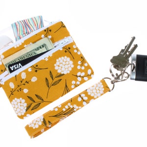 keychain wallet 2 pocket zipper bag ID holder women gift for her minimalist wristlet double zipper pouch key fob lanyard yellow floral