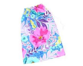 Floral Cotton Drawstring Bag: Handmade Travel Shoe Bag, Laundry, Gift, Knitting