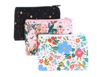 Set of 3 Mini Zipper Pouches: Rifle Fabric Coin Bags, Card Wallets, Earbuds Holder