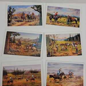 May include: Six vintage postcards featuring cowboys on horseback in various landscapes. The postcards depict cowboys riding horses in a desert, a forest, and a meadow. The cowboys are wearing traditional western clothing, including hats, boots, and jeans. The postcards are printed on high-quality cardstock and are perfect for framing or sending to friends and family.