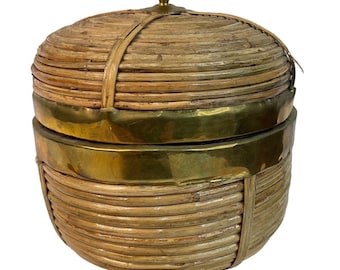 Vintage Handcrafted Rattan & Brass Basket With Lid - 8&quot; Diameter - Unique