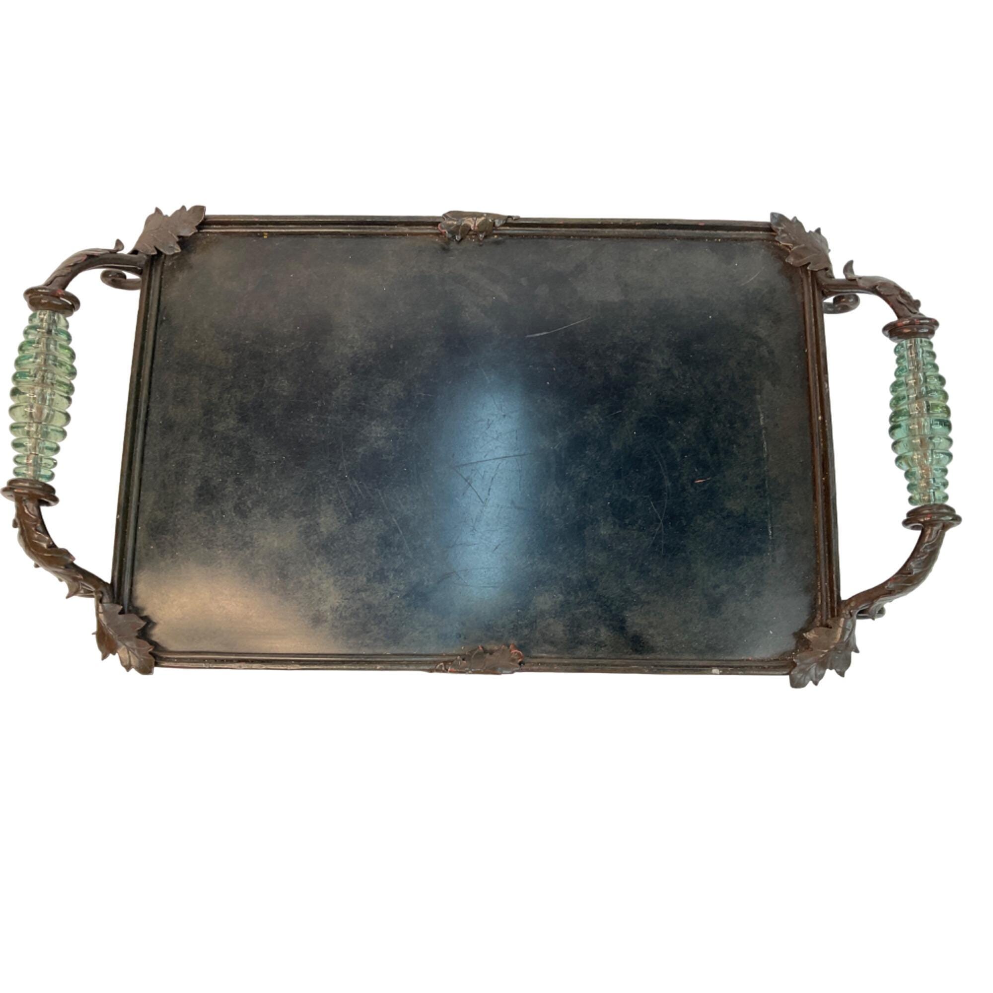 Antique Palecek Rectangular Metal Tray With Glass Handles & Leaf Detailing