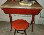 Antique School Desk Elementary School cast iron and wood childs red desk cast Iron legs and wood open top original Texas school desk