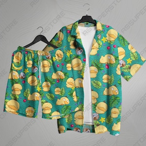 Psyduck Hawaiian Shirt Tropical Button Up Shirt Tropical Green Summer Beach Short Funny Unisex Vacation Outfit Psyduck Shirt Gifts