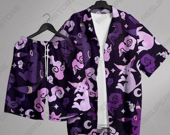 Umbreon Espeon Hawaiian Shirt Tropical Button Up Shirt Purple Moon Star Summer Beach Short Funny Unisex Vacation Outfit Umbreon Shirt Gifts