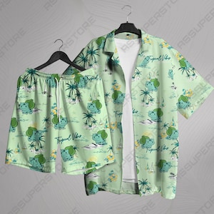 Camisa hawaiana Bulbasaur, camisa tropical con botones, estampado de palmeras y playa, ideal para vacaciones de verano, divertida, unisex, ideal para regalar.