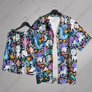 Little Fox Hawaiian Shirt Tropical Hawaii Set Puffy Hawaiian Button-Up Shirt Summer Beach Short Summer Hawaii Shirt Gifts