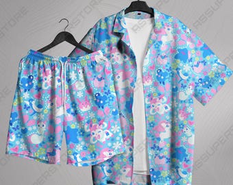 Sylveon Hawaiian Shirt Tropical Button Up Shirt Floral Pattern Summer Beach Short Funny Unisex Vacation Outfit Sylveon Shirt Gifts