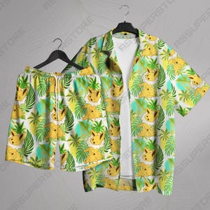 Jolteon Hawaiian Shirt Tropical Button Up Shirt Unisex Summer Outfit Cute Beach Shorts Green Leaf Pattern Jolteon Shirt Gifts
