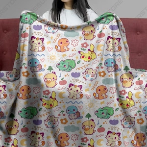 Bulbasaur Pikachu Fleece Deken Leuke Kleurrijke Patroon Gezellige Katoenfleece Blend Gooien Deken Bulbasaur Ontwerp Home Decor Deken Geschenken