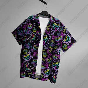 Adorable Gengar Hawaiian Button-Up Shirt Apparel for Fans of the Mischievous Ghost Shirt Gift