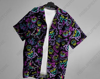 Adorable Gengar Hawaiian Button-Up Shirt Apparel for Fans of the Mischievous Ghost Shirt Gift