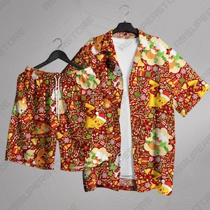 Pikachu Hawaiian Shirt Tropical Button Up Shirt Christmas Pattern Summer Beach Short Funny Unisex Vacation Outfit Pikachu Shirt Gifts