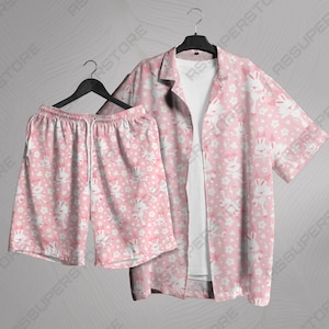 Scorbunny Hawaiian Shirt Tropical Button Up Shirt Pastel Pink Floral Pattern Summer Beach Short Funny Unisex Outfit Scorbunny Shirt Gifts