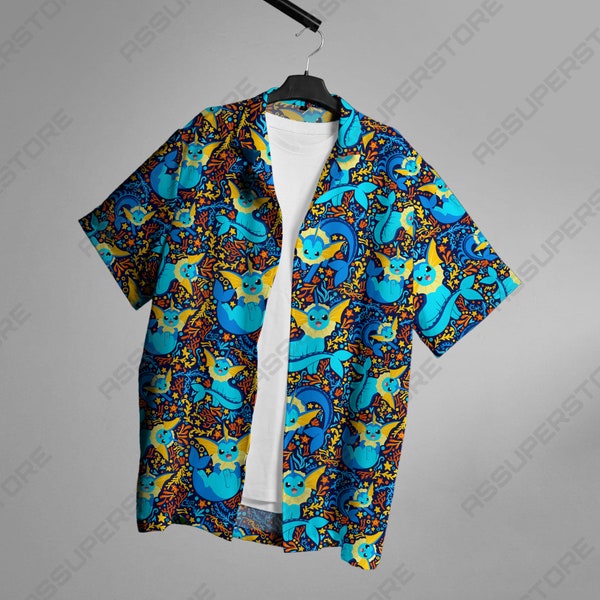 Vaporeon Hawaiian Button Up Shirt Vaporeon Water Hawaiian Shirt Vaporeon Shirt Gift