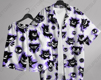Gengar Hawaiian Shirt Tropical Button Up Shirt White Purple Summer Beach Short Funny Unisex Vacation Outfit Gengar Shirt Gifts