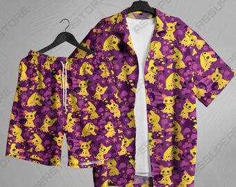 Mimikyu Hawaiian Shirt Tropical Button Up Shirt Yellow Purple Summer Beach Short Funny Unisex Vacation Outfit Mimikyu Shirt Gifts