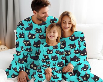 Black Cat Cute Pajama Set Blue Lovers Long Sleeve Pajamas for Family Gifts