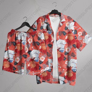 Vulpix Hawaiian Shirt Tropical Button Up Shirt Unisex Summer Outfit Cute Beach Shorts Red Floral Pattern Vulpix Shirt Gifts