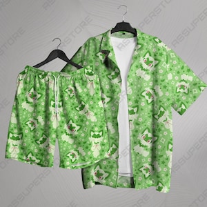 Sprigatito Hawaiian Shirt Tropical Button Up Shirt Unisex Summer Outfit Cute Beach Shorts Green Floral Pattern Sprigatito Shirt Gifts
