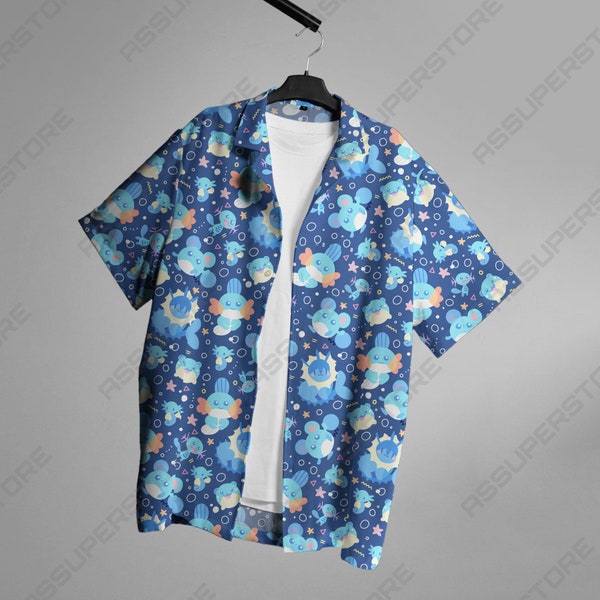 Mudkip Hawaiian Japanese Anime Wooper Button-Up Shirt Mudkip Water Fun Summer Shirt Gift