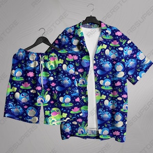Poliwag Hawaiian Shirt Tropical Button Up Shirt Unisex Summer Outfit Cute Beach Shorts Water Lily Pattern Poliwag Shirt Gifts