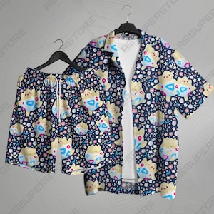 Togepi Hawaiian Shirt Tropical Button Up Shirt Unisex Summer Outfit Cute Beach Shorts Navy Floral Pattern Togepi Shirt Gifts