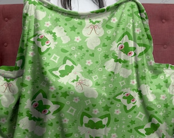 Bloom Kitty Fleece Blanket, Cozy Throw Blanket, Soft Cotton Fleece Blend Bedding, Birthday Gift, Christmas Home Decor