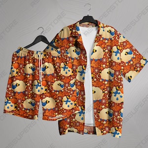 Mareep Hawaiian Shirt Tropical Button Up Shirt Unisex Summer Outfit Cute Beach Shorts Red Starry Pattern Mareep Shirt Gifts