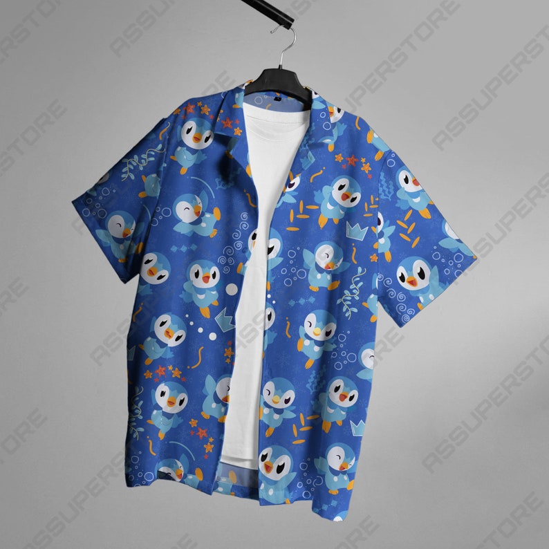 Chemise piplup hawaïenne, chemise boutonnée anime japonaise, cadeau cadeau image 1