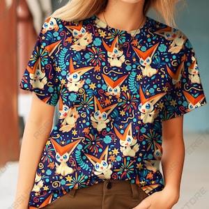 Bonita camiseta de fuegos artificiales de la victoria, camiseta kawaii de zorro naranja, camiseta con gráfico de dibujos animados de verano, regalo divertido para él y ella.