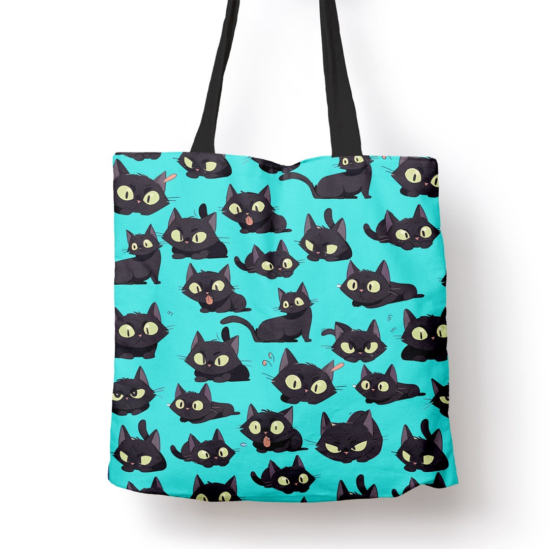 Black Cat Laptop Tote Bag, Black Cat Book Tote Bag, Black Cat Blue