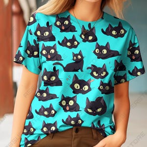 Black Cat T-Shirt, Cute Black Cat Graphic Shirt, Funny Cartoon Cat Art Unisex Tee, Vintage Style Top, Kawaii Gift for Cat Lovers