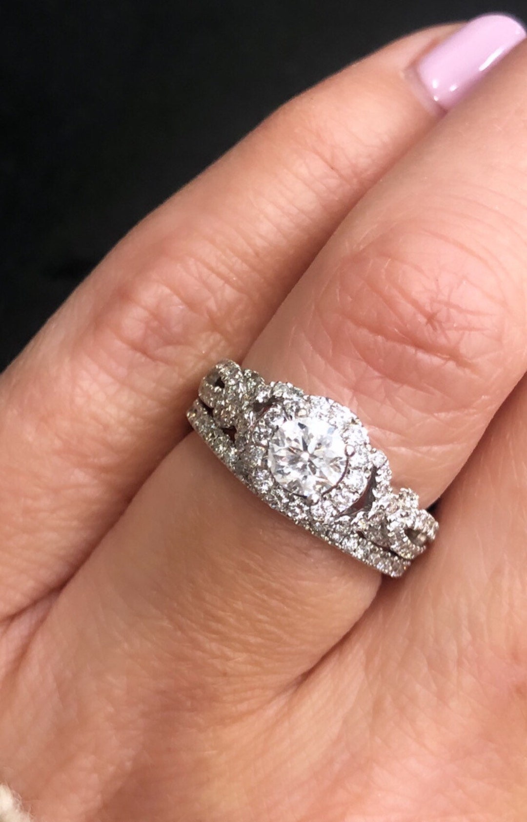 14K White Gold Diamond Halo Engagement/promise Ring and Wedding Band ...