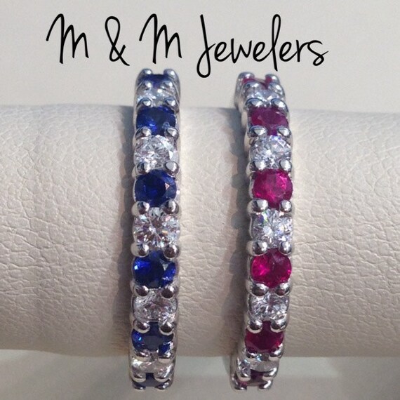 14K White Gold Shared Prong Set Round Brilliant Cut Ceylon Sapphire or Ruby and Diamond Band SOLD SEPARATELY