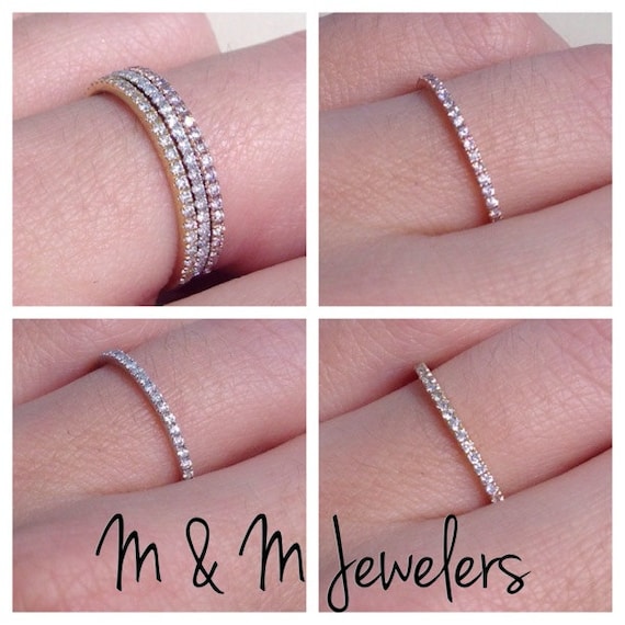 14K White,Yellow, and Rose Gold Pave Set Round Brilliant Cut Diamond Stacking Bands