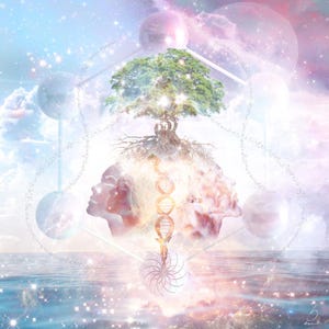 Puede incluir: Arte digital que representa un árbol con raíces entrelazadas con dos perfiles humanos. La obra de arte presenta una cadena de ADN, formas geométricas y un fondo celestial con un horizonte marino. La paleta de colores incluye azules, morados y blancos.