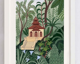 Thailand temple print (A4 + A3) | Buddhist temple wall art | jungle home decor | tropical art poster | eco art | botanical illustration