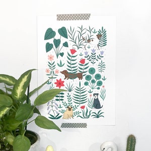 Botanical Dog Flower Print A4 Floral Painting Cute - Etsy