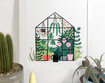 Botanical greenhouse art print (A4 + A3) | tropical wall art | glass house home decor | interior design | gift for gardeners | plant lovers