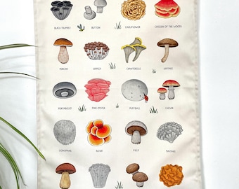 Mushroom chart tea towel | 100% Organic cotton | Eco home goods | made in the UK | fungi illustration | sustainable textiles | Kitchen art