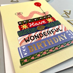 Bookworm birthday card A6 book lover greetings card cute card gift for bibliophiles cute illustration fun painting gold foil image 2