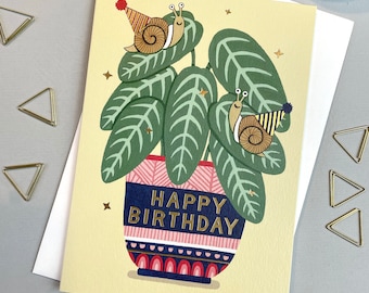 Tarjeta de cumpleaños de caracoles de fiesta (A6) / tarjeta de saludos de naturaleza linda / tarjeta botánica / tarjeta ecológica / ilustración botánica / regalo para los amantes de las plantas