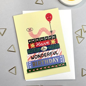 Bookworm birthday card A6 book lover greetings card cute card gift for bibliophiles cute illustration fun painting gold foil image 1