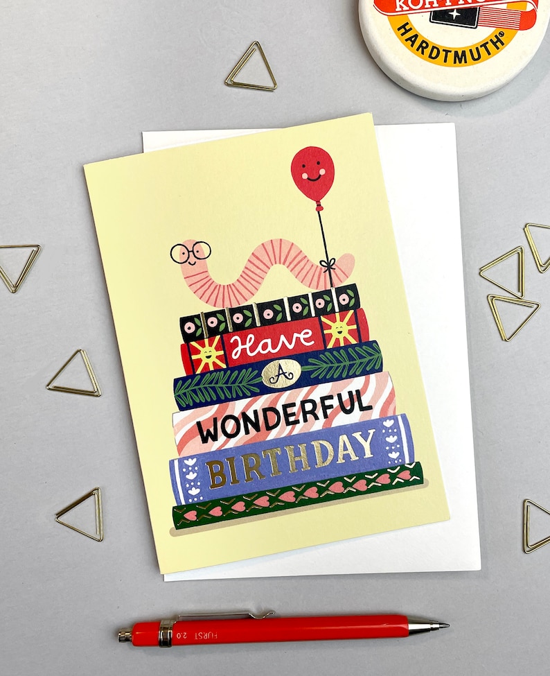 Bookworm birthday card A6 book lover greetings card cute card gift for bibliophiles cute illustration fun painting gold foil image 1