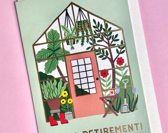 Happy Retirement card (A6)| greenhouse greetings card | botanical card | garden lover | green fingers | retired | illustrated card